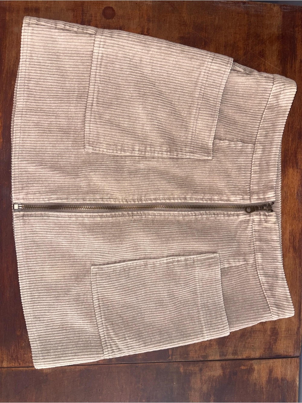 Beige Corduroy Front-Zip Mini Skirt